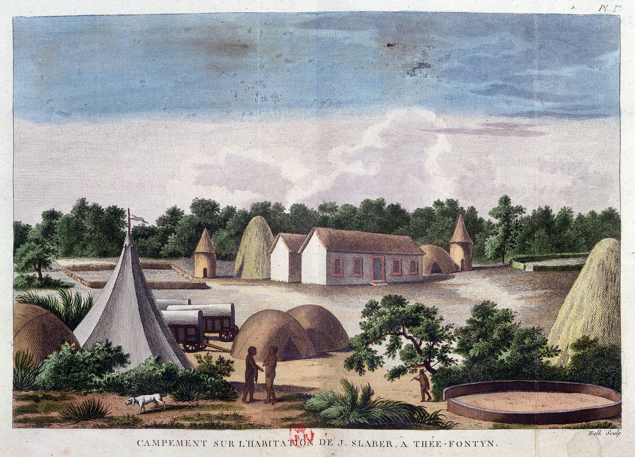 Acampamento na terra de J. Slaber em Thee-Fontyn, de "Viagens de M. le Vaillant no Interior da África pelo Cabo da Boa Esperança, 1780-85", gravado por Hulk, publicado em 1790 (colorido de Francois Le Vaillant