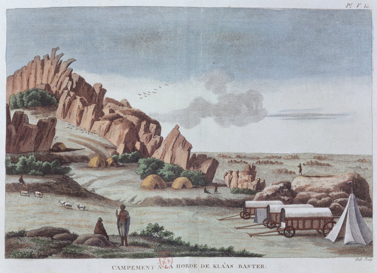 Klaas Baster Camp, de &39;Viagens de M. le Vaillant no Interior da África pelo Cabo da Boa Esperança 1780-85&39;, gravado por Hulk, publicado em 1790 (gravura a cor) de Francois Le Vaillant