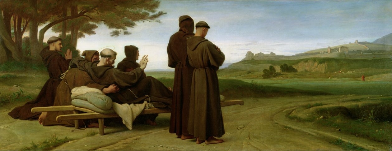 São Francisco de Assis, enquanto é levado para o seu lugar de descanso final em Saint-Marie-des-Anges, abençoa a cidade de Assis em 1226, 1853 de Francois Leon Benouville