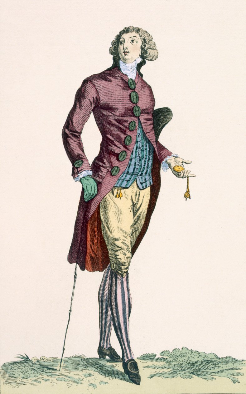 Um galante homem vestindo roupa de veludo esmagado com botões cobertos, gravada por Baquoi, placa no.279 de &39;Galeries des Modes et trajes Francais&39;, c.1778-87 de Francois Louis Joseph Watteau