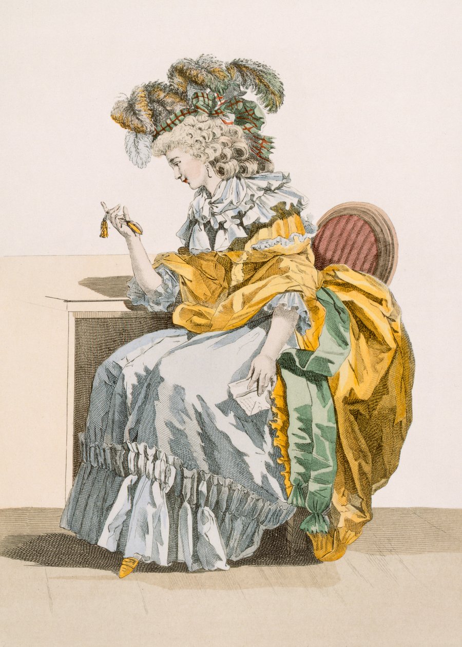 Uma senhora ansiosa olha para o seu relógio vestido de manha e de touca à la Marlborough, gravada por Dupin, prato de &39;Galeries des Modes et Costume Francais&39;, c.1778-87 de Francois Louis Joseph Watteau