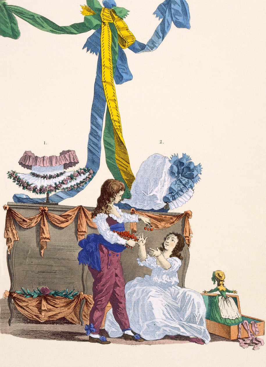 Chapéus de Androman e Warwick, gravados por Dupin, placa no.320 de "Galeries des Modes et Costumes Français", 1780 de Francois Louis Joseph Watteau