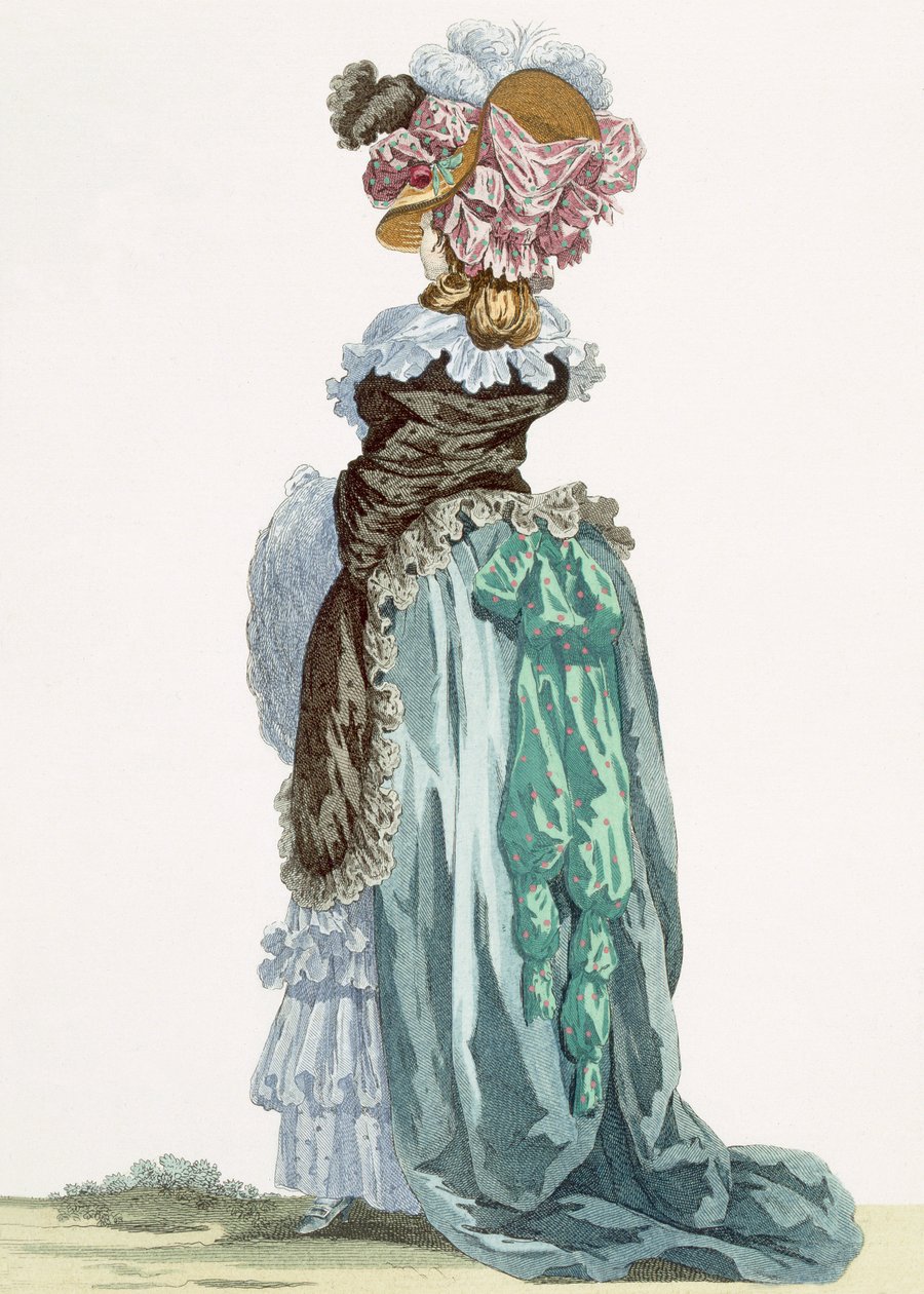 Vista traseira de um vestido de passeio, gravado por Dupin, placa no.224 de &39;Galeries des Modes et Costumes Français&39;, 1789 de Francois Louis Joseph Watteau
