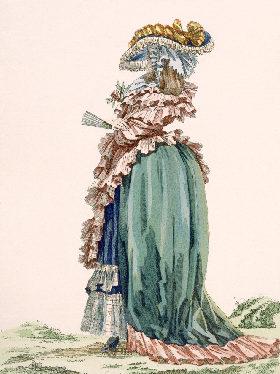 Vista traseira do vestido de senhora, gravado por Dupin, placa no.189 de &39;Galeries des Modes et Costumes Français&39;, c.1778-87 99: vestuário; vestido tradicional; traje tradicional; moda; de Francois Louis Joseph Watteau