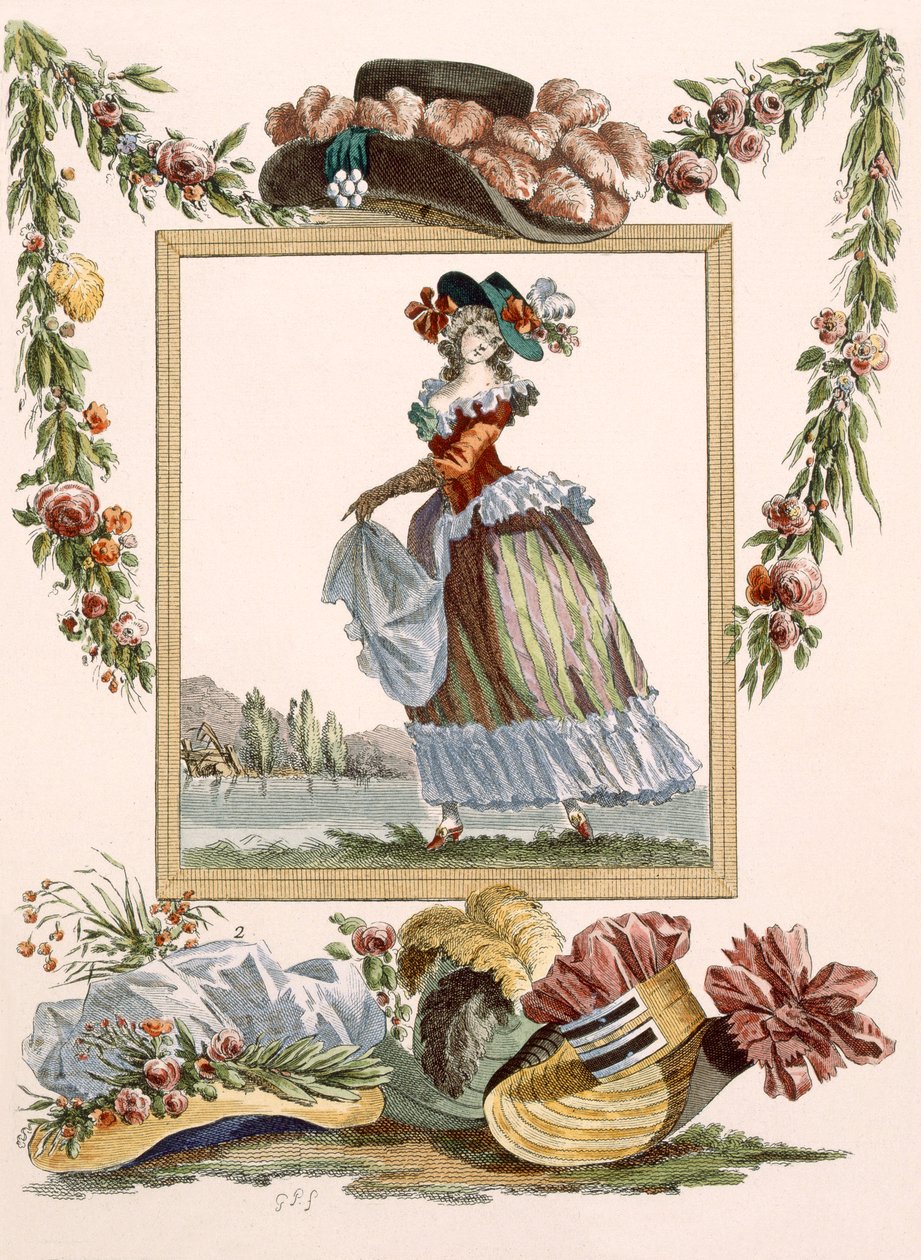 Dançarina vestida de pierrot caraco com chapéus, gravada por Dupin, placa no.241 de &39;Galeries des Modes et Costumes Francais&39;, c.1778-87 de Francois Louis Joseph Watteau