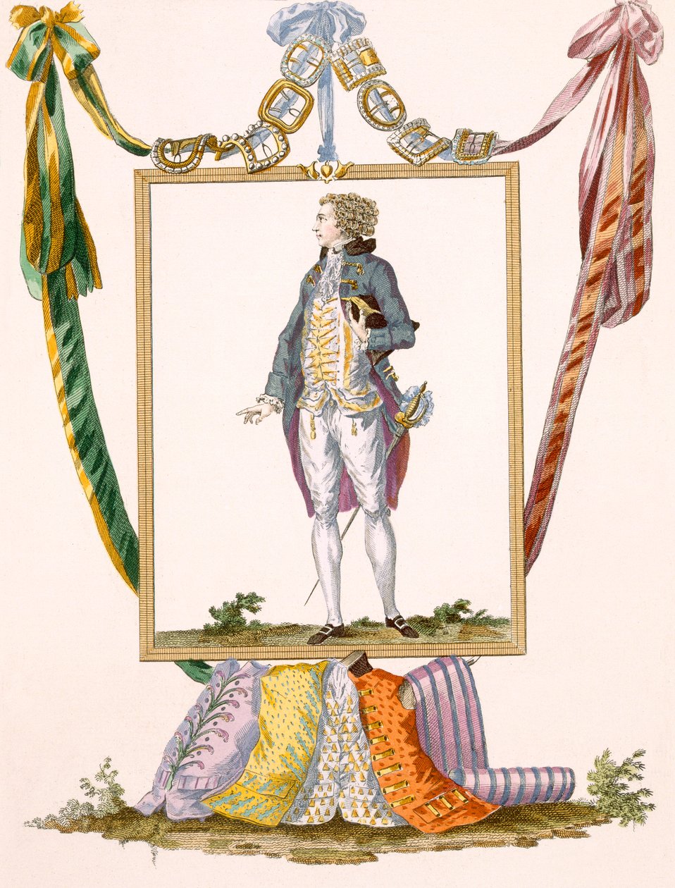Cavalheiro de roupas leves, gravado por Duhamel, placa n ° 231 de &39;Galeries des Modes et Costumes Francais&39; de Francois Louis Joseph Watteau