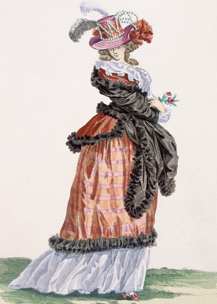 Senhora, apreciando o ar na Champs Elysees, gravada por Papin, ilustração de &39;Galeries des Modes&39;, 1780 de Francois Louis Joseph Watteau