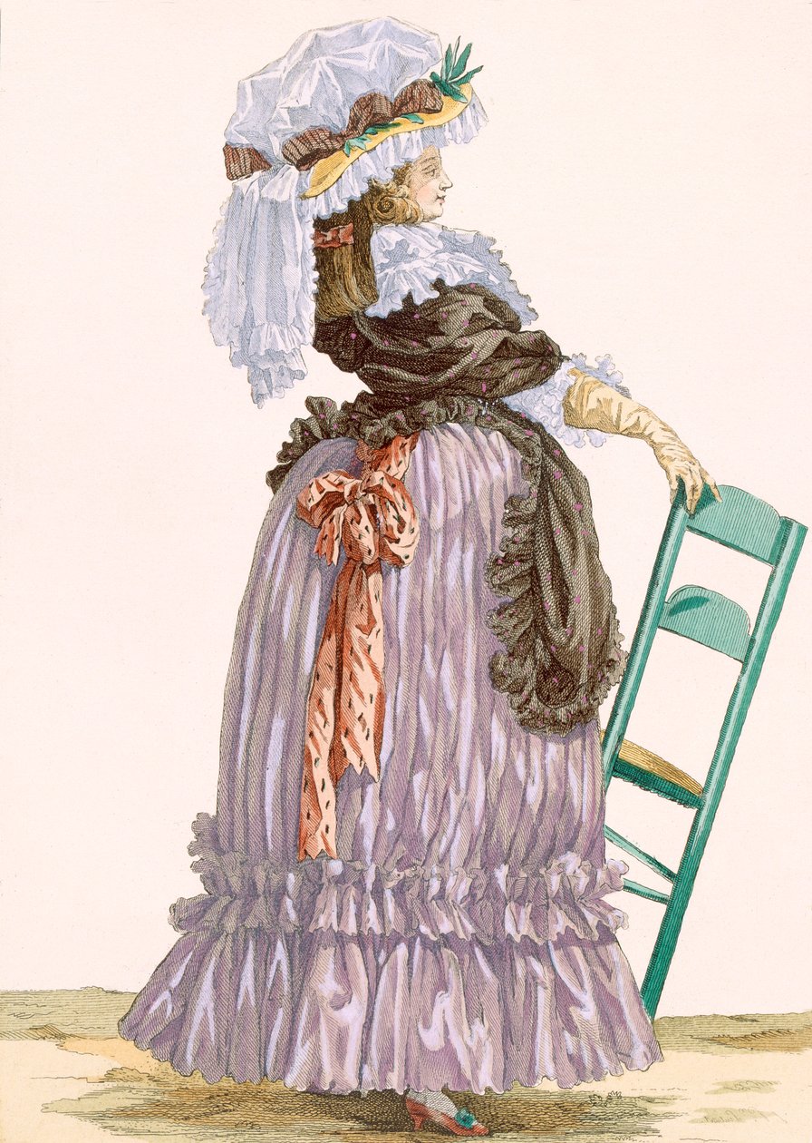 Senhora encostada na cadeira, gravada por Dupin, placa no.201 de &39;Galeries des Modes et Costumes Francais&39;, c.1778-87 de Francois Louis Joseph Watteau