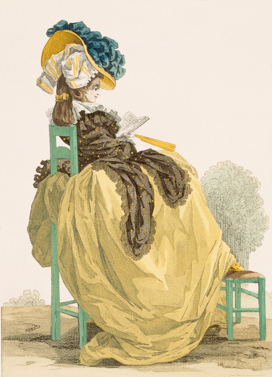Lady lendo em um jardim em um simples vestido amarelo com xale marrom, gravado por Dupin, placa no.223 de &39;Galeries des Modes et Costumes Français&39;, 1790 de Francois Louis Joseph Watteau