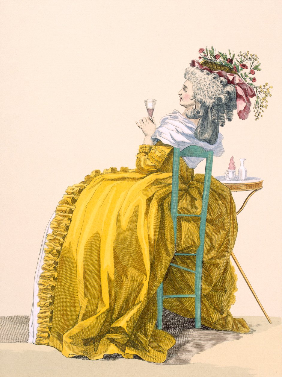 Lady se reclina na cadeira bebendo champanhe, gravada por Dupin, placa no.193 de &39;Galeries des Modes et Costumes Francais&39;, c.1778-87 de Francois Louis Joseph Watteau