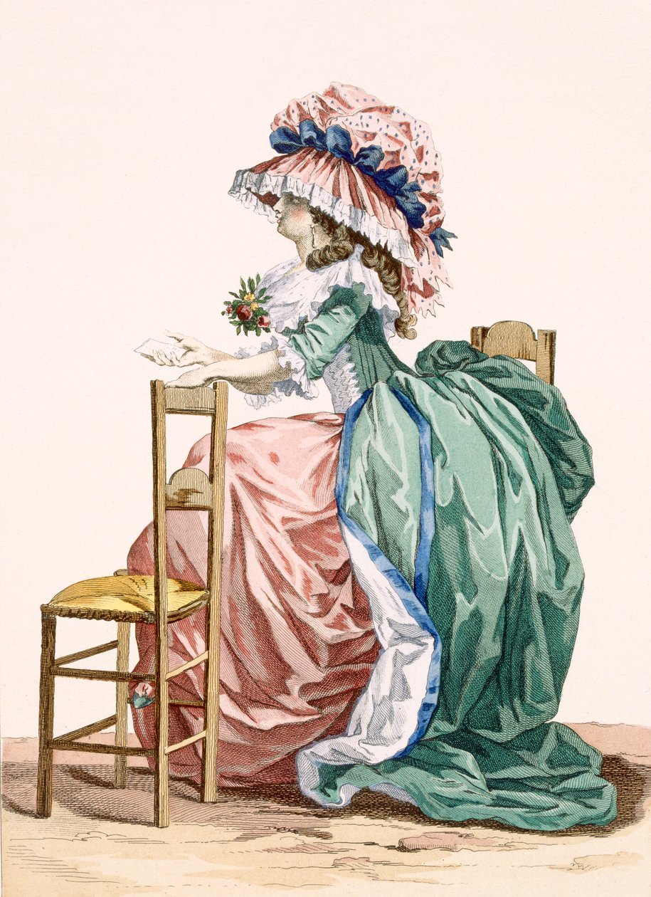 Lady senta-se encostada em uma cadeira, gravada por Bacquoy, placa 203 de &39;Galeries des Modes et Costumes Français&39;, c.1778-87 99: vestuário; vestido tradicional; traje tradicional; moda de Francois Louis Joseph Watteau