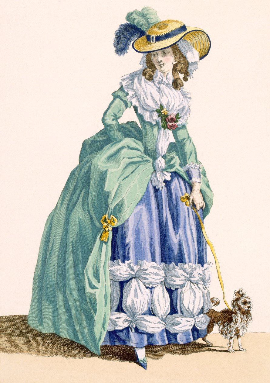 Senhora caminhando com seu cachorro, gravada por Dupin, placa no.190 de &39;Galeries des Modes et Costumes Francais&39;, c.1778-87 99: vestuário; vestido tradicional; traje tradicional; moda; illus de Francois Louis Joseph Watteau