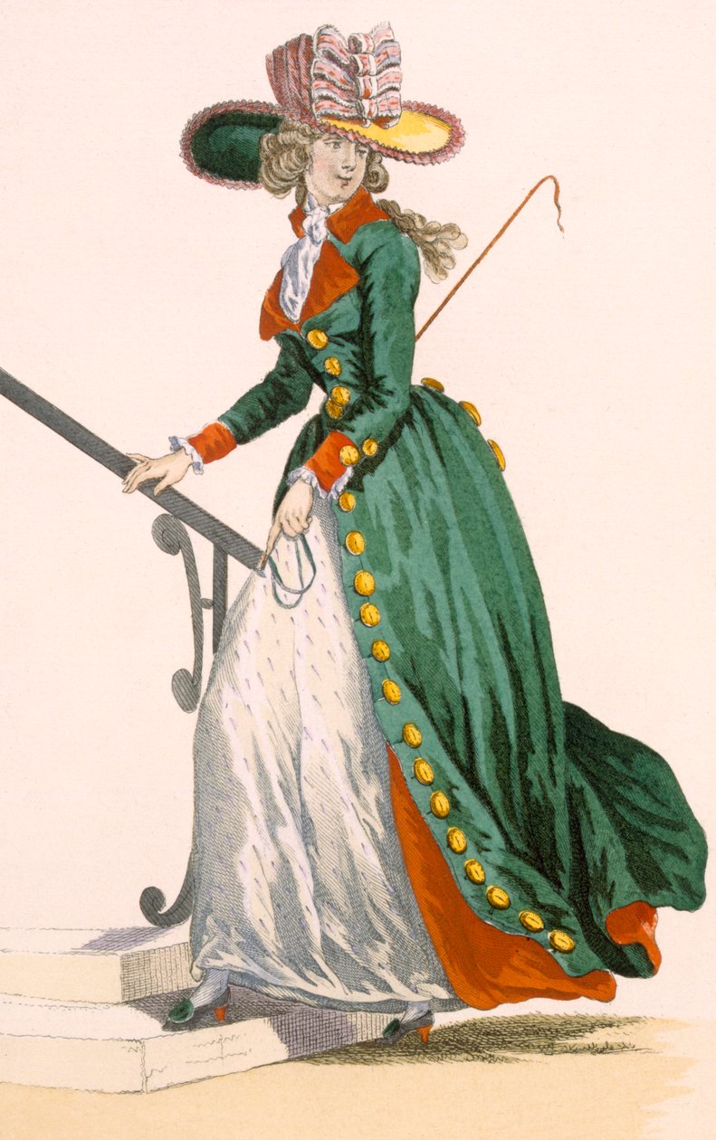 Lady vestindo estilo alemão equitação roupa, gravada por Le Beau, placa no.250 de &39;Galeries des Modes et trajes Francais&39;, c.1778-87 de Francois Louis Joseph Watteau
