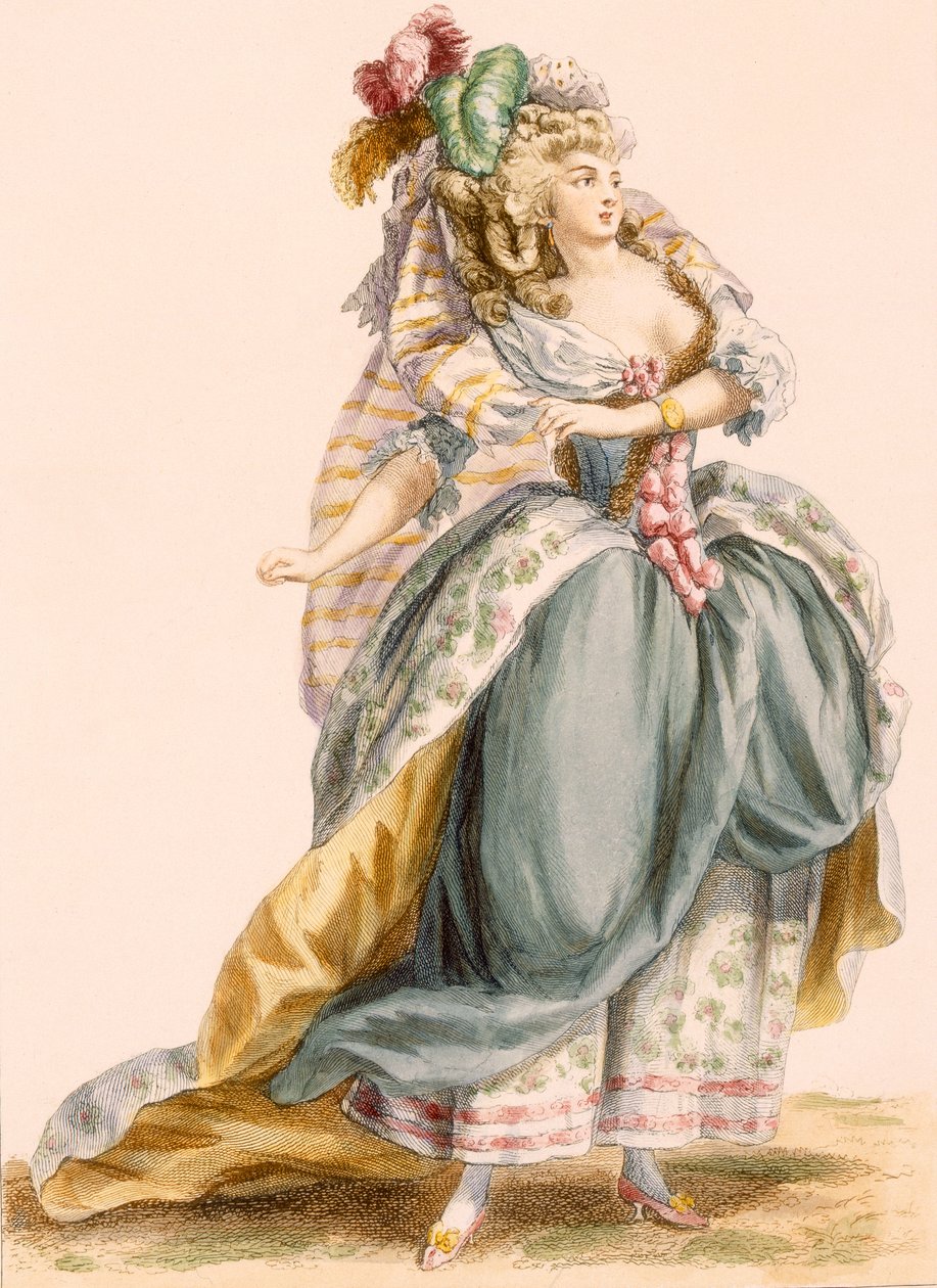Fato de Lady baseado na ópera &39;La Trevesti&39;, gravada por Bacquoy, de &39;Galeries des Modes et Costumes Francais&39;, c.1778-87 de Francois Louis Joseph Watteau