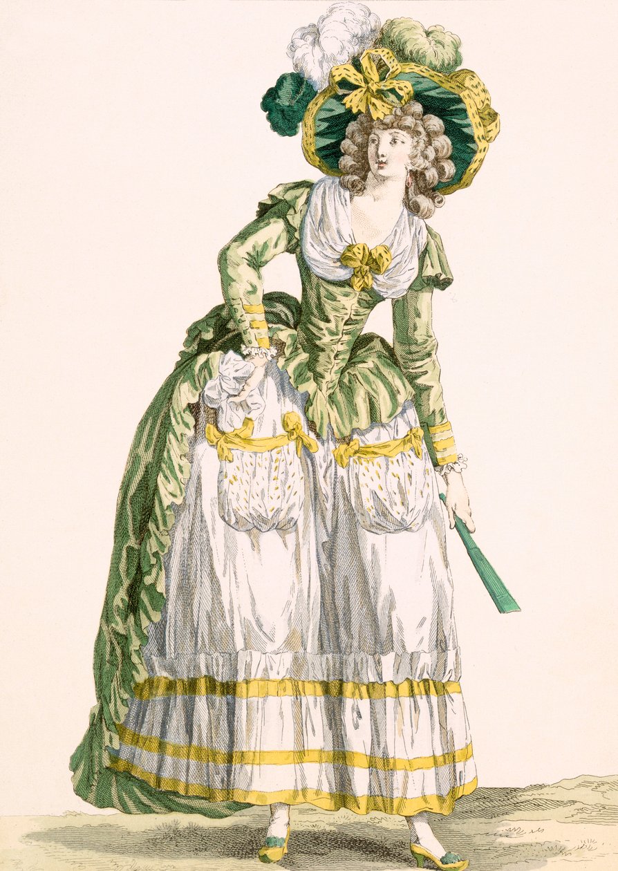 Vestido de senhora em estilo country, gravado por Bacquoy, placa nº 228 de "Galeries des Modes et Costumes Français", 1780 de Francois Louis Joseph Watteau