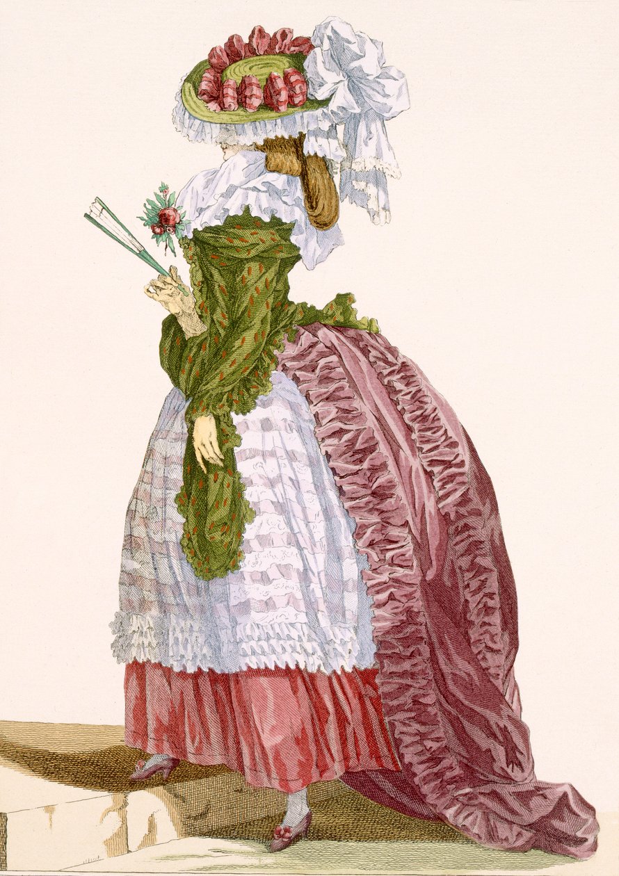 O vestido elaborado de senhora em vinho e verde, gravado por Dupin, placa n º 200 de &39;Galeries des Modes et trajes Francais&39;, c.1778-87 de Francois Louis Joseph Watteau