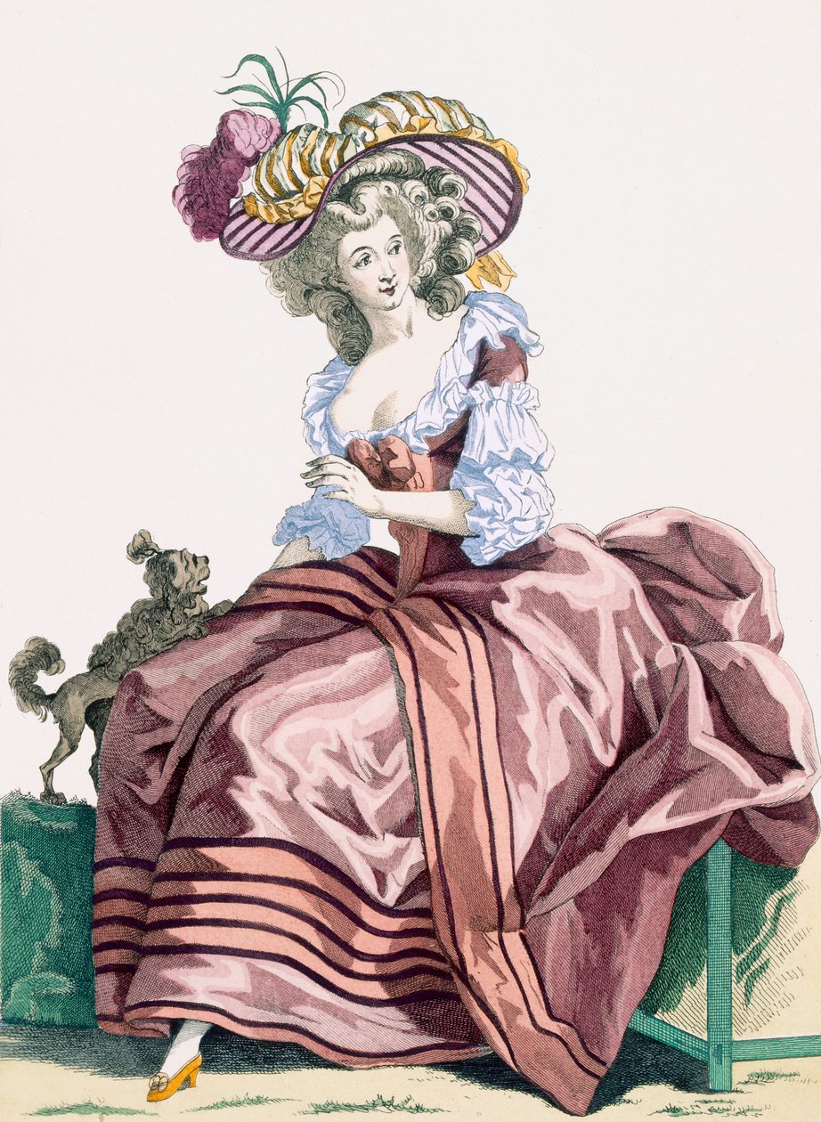 O elegante vestido de cetim cor de caramelo da senhora, gravado por Le Beau, apartamento no. 172 de &39;Galleries of French Fashion and Costumes&39;, c.1778-87 de Francois Louis Joseph Watteau