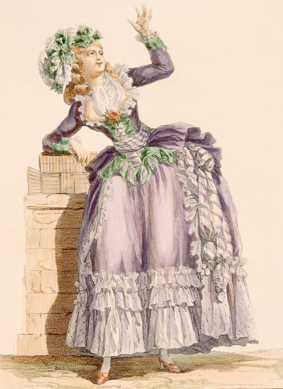 Vestido de senhora em tafetá lilás e verde com um gorro a condizer, gravado por Dupin, da Galeries des Modes et Costume Francais, c.1778-87 de Francois Louis Joseph Watteau
