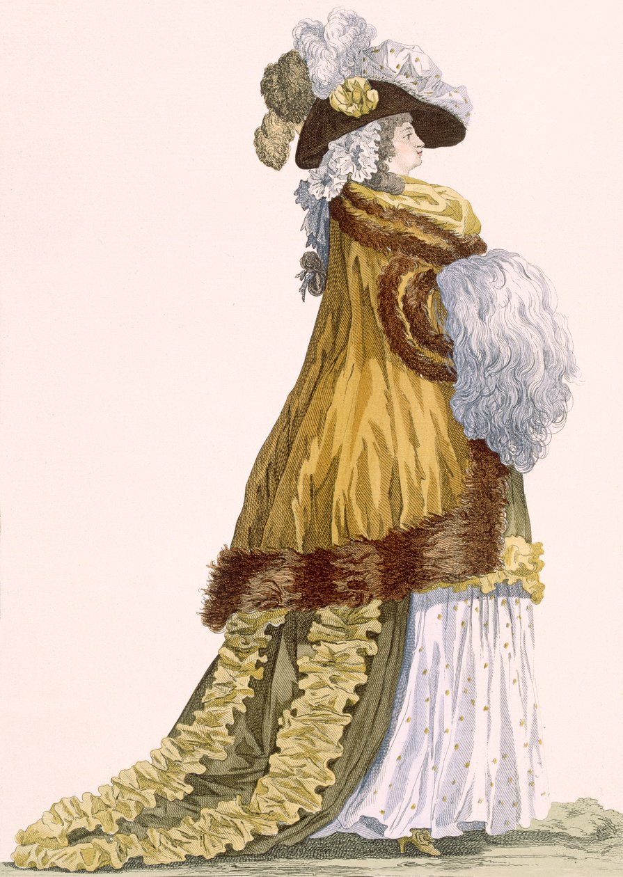 O vestido de ópera de Lady com capa de cetim luxuosa com bordados de pele, gravada por Dupin, placa no.217 de &39;Galeries des Modes et Costumes Francais&39;, c.1778-87 99: vestuário; dre tradicional de Francois Louis Joseph Watteau