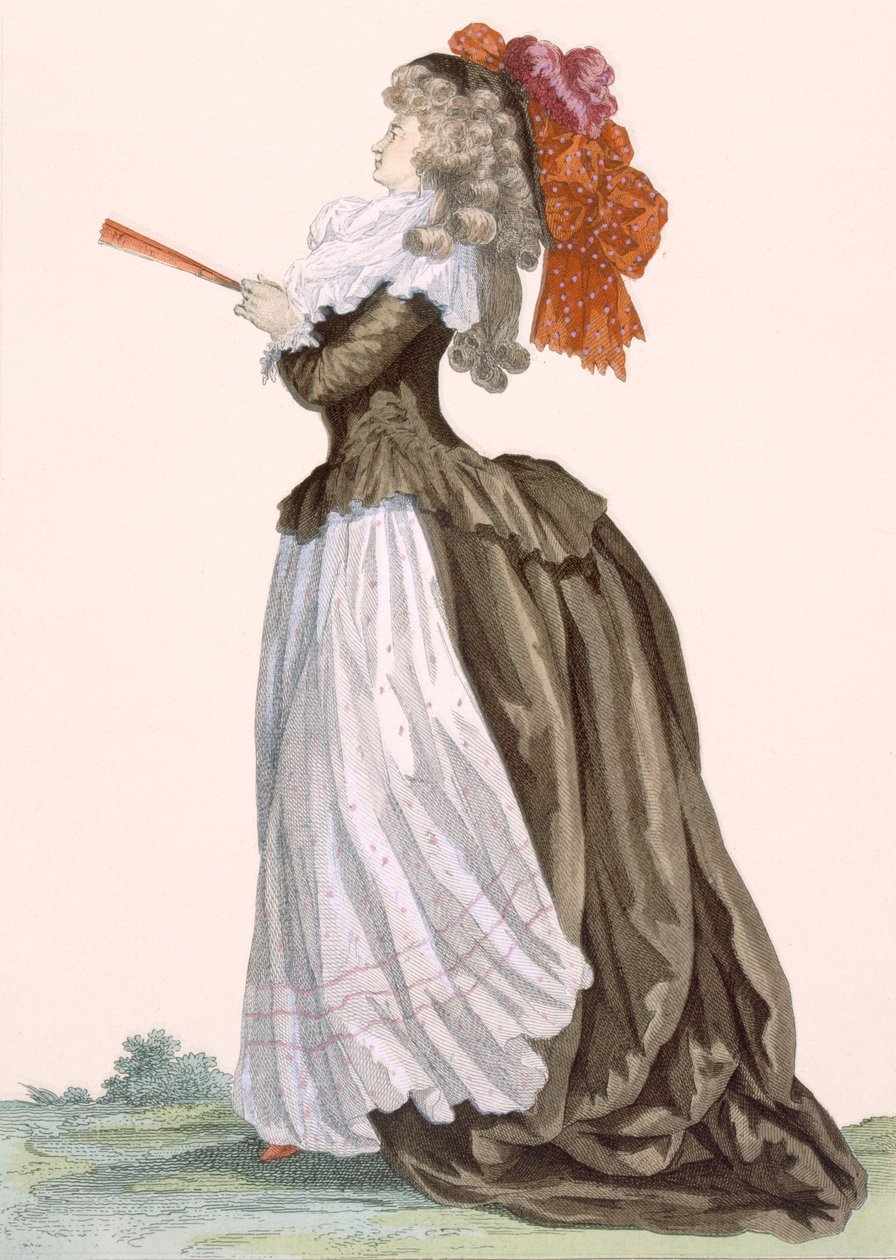 Vestido de passeio de Lady, gravado por Dupin, placa no.222 de "Galeries des Modes et Costumes Francais", c.1778-87 99: vestuário; vestido tradicional; traje tradicional; moda; eu vou de Francois Louis Joseph Watteau