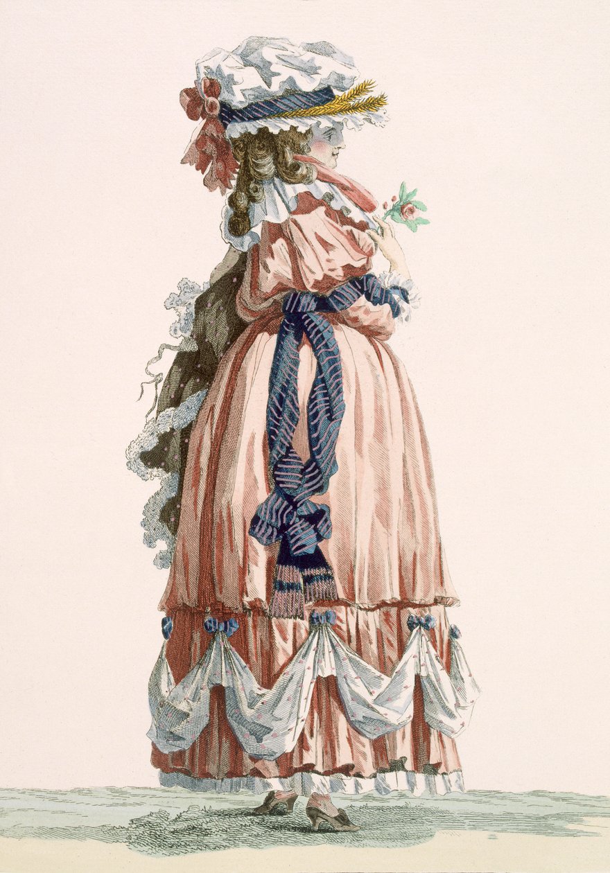 Vestido de senhora para andar de verão, gravado por Dupin, placa n ° 192 de &39;Galeries des Modes et Costumes Francais&39;, c.1778-87 99: vestuário; vestido tradicional; traje tradicional; moda; de Francois Louis Joseph Watteau