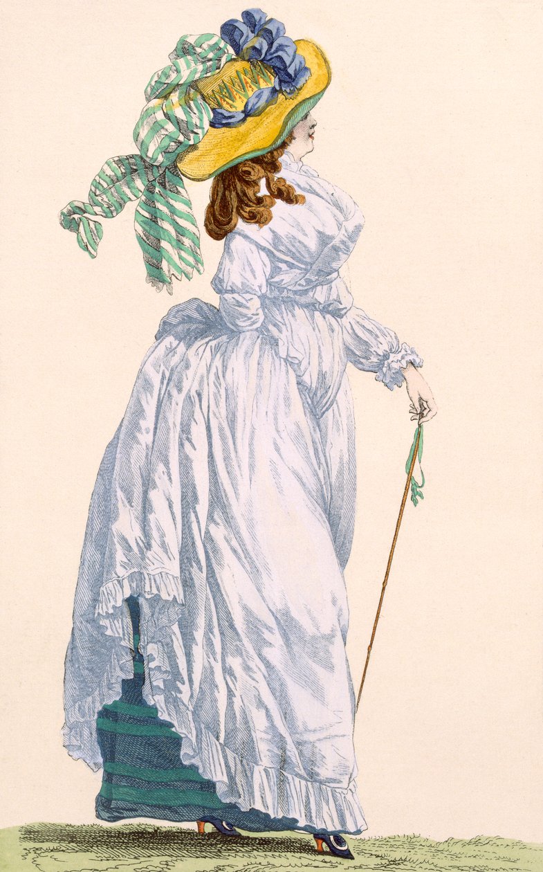Vestido de passeio azul-celeste com saia verde, gravada por Le Beau, placa no.252 de &39;Galeries des Modes et Costumes Francais&39;, c.1778-87 99: vestuário; vestido tradicional; traditi de Francois Louis Joseph Watteau