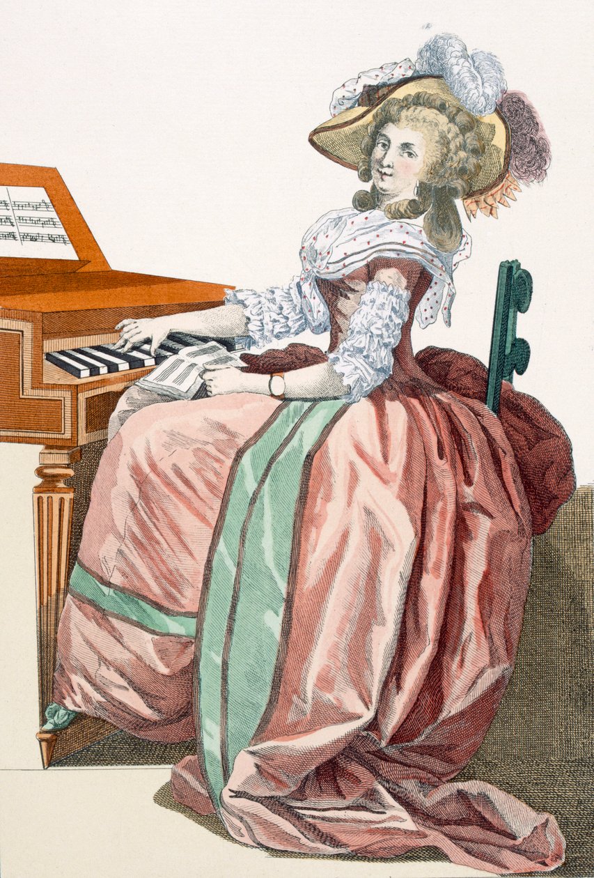 A Virtuosa em um vestido &39;a l&39;Anglaise&39; com uma borda de Marlborough e um chapéu de meio balão sentado em um Spinet, prato 197 da &39;Galerie des Modes et trajes Francais&39;, gravada por Dupin, 1778 de Francois Louis Joseph Watteau