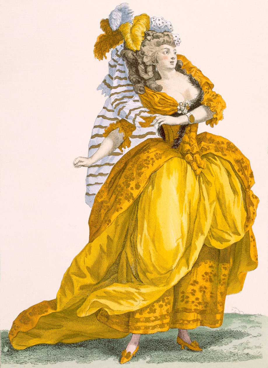 Mulher vestida com um elaborado vestido e capacete, gravada por Bacquoy, placa no.218 de &39;Galeries des Modes et Costumes Francais&39;, c.1778-87 99: vestuário; vestido tradicional; traditi de Francois Louis Joseph Watteau