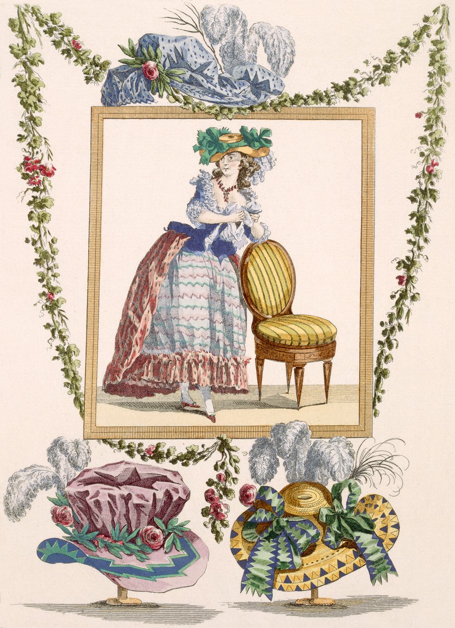 Mulher, em, elegante, vestido dia, com, chapéu, gravura, por, Duhamel, prato, no.235, de, &39;Galeries, des, Modes, e, trajes, Francais&39;, c.1778-87 de Francois Louis Joseph Watteau