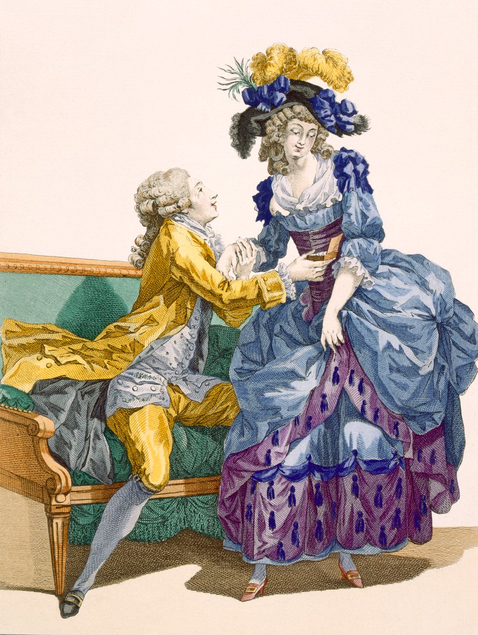 Jovem de vestido azul e roxo elétrico com seu pretendente jovem, gravado por Dupin, placa no.206 de &39;Galeries des Modes et Costumes Français&39;, c.1778-87 de Francois Louis Joseph Watteau