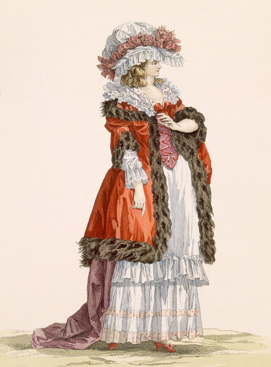 Vestido de passeio jovem, gravado por Dupin, placa no.214 de &39;Galeries des Modes et Costumes Francais&39;, 1789 de Francois Louis Joseph Watteau