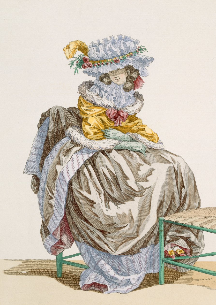 Jovem vestida em estilo &39;Anglais&39;, gravada por Dupin, placa no.215 de &39;Galeries des Modes et Costumes Francais&39;, c.1778-87 de Francois Louis Joseph Watteau
