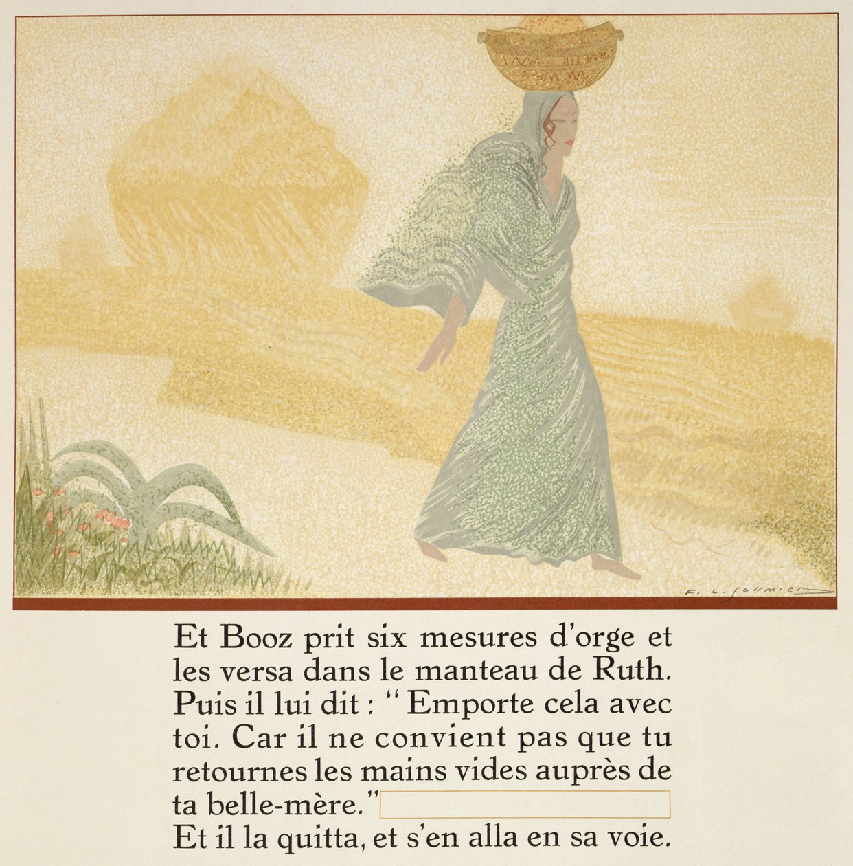 Boaz deu a Ruth seis medidas de cevada para levar para sua sogra, de &39;Ruth et Booz&39;, traduzida por JC Mardrus, publicada em 1930. de Francois Louis Schmied