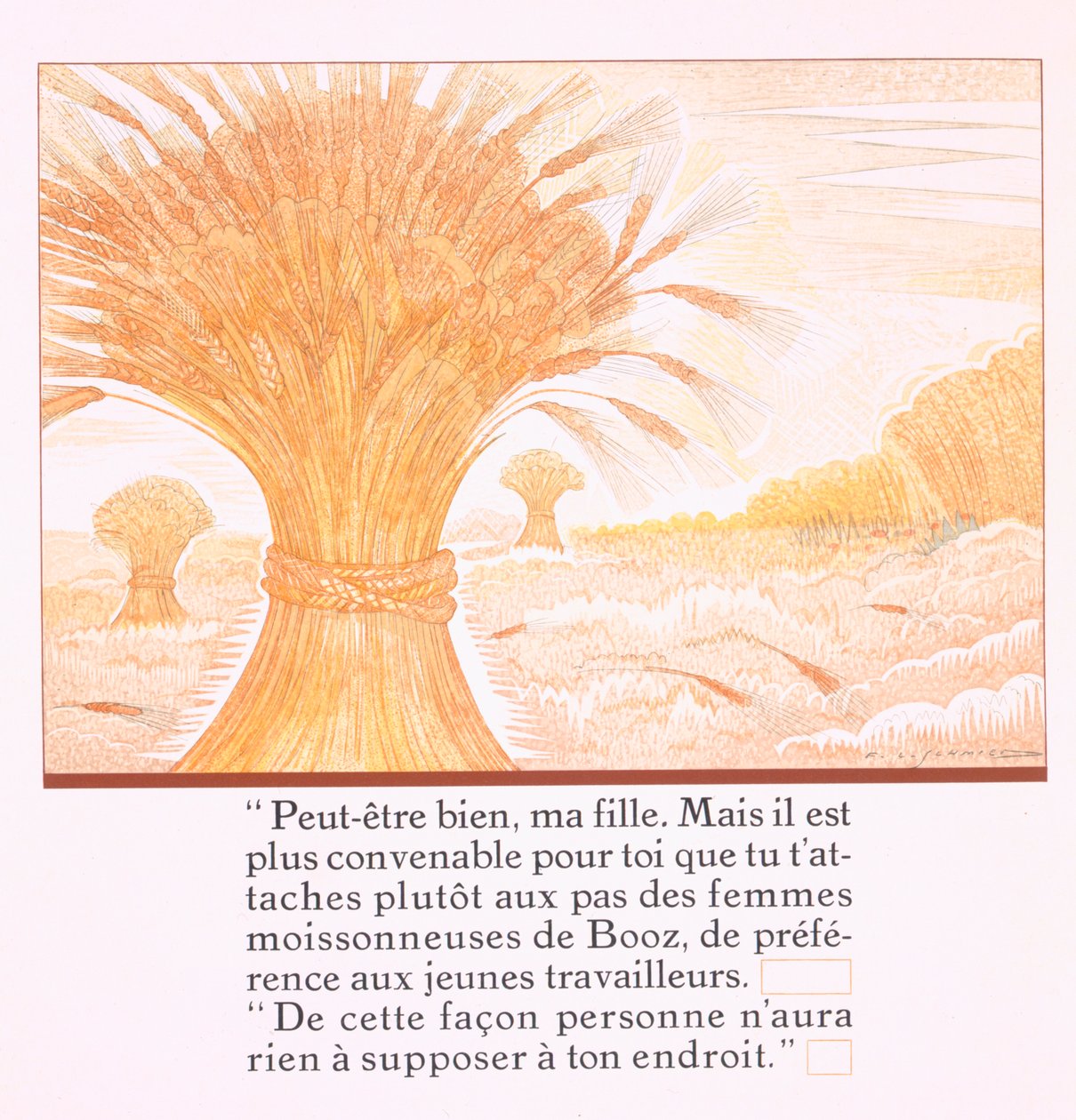 Rute foi aconselhada a seguir as colheitadeiras de Boaz, de &39;Ruth et Booz&39;, traduzido por JC Mardrus, publicado em 1930. de Francois Louis Schmied