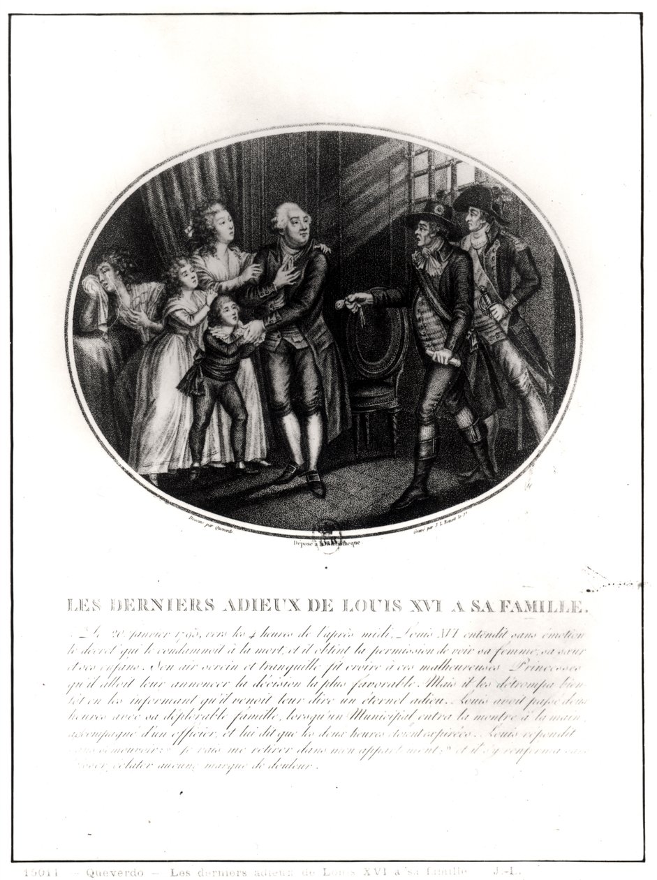 Os últimos adeus de Luís XVI (1754-93) à sua família, em 20 de janeiro de 1793, gravado por JL Benoist (fl.1800-40) de Francois Maria Isidore Queverdo