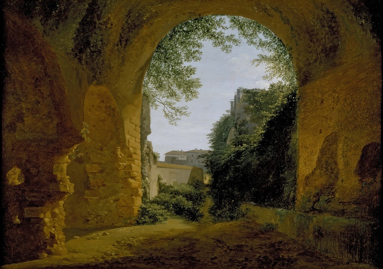 Vista de um jardim, visto de dentro de uma abóbada romana, 1802 - 1824 de Francois Marius Granet