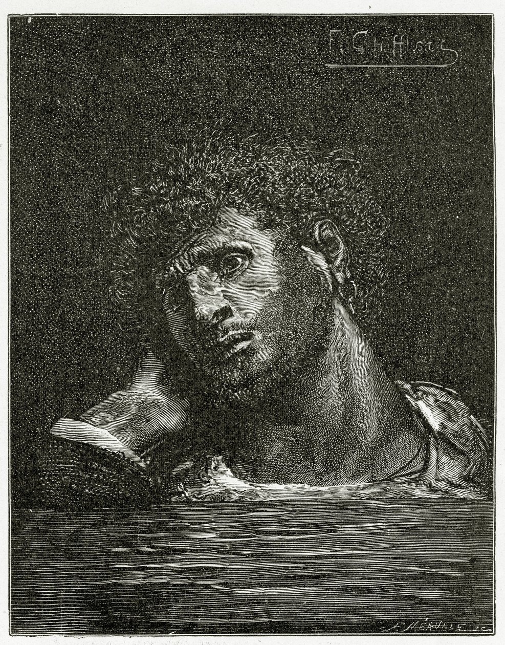Morte de Giliath - ilustração dos trabalhadores do mar, século XIX (gravura de bw) de Francois Nicolas Chifflart