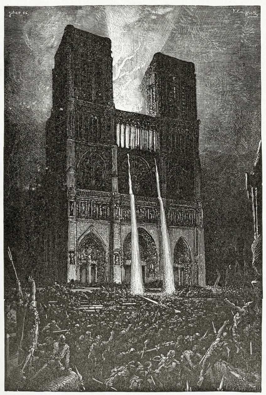Quasimodo derrama óleo fervente sobre o exército de vilões tentando resgatar Esmeralda - ilustração da Notre Dame de Paris, século XIX (gravura bw) de Francois Nicolas Chifflart