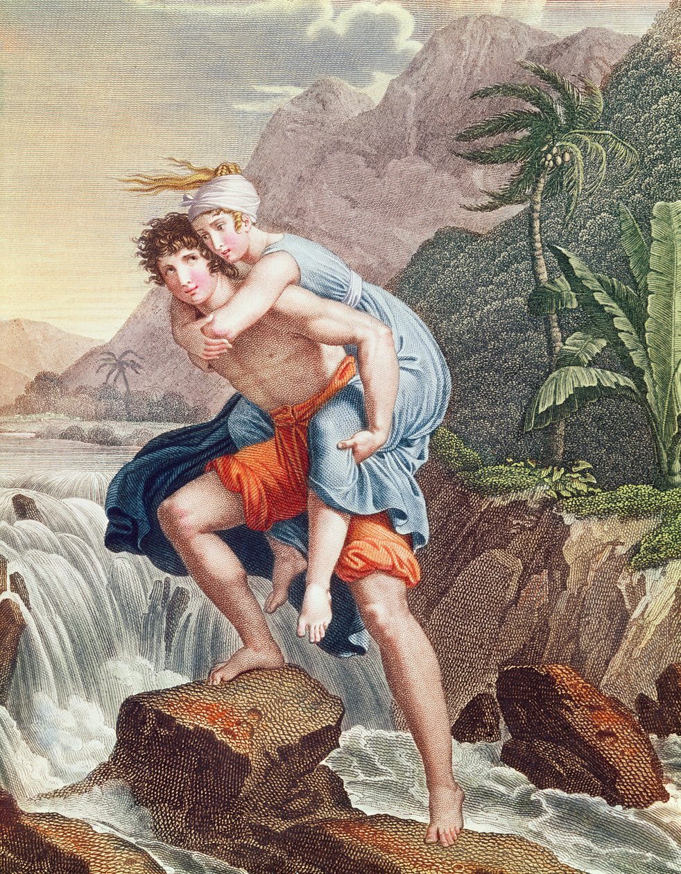 Paul carregando Virginie do outro lado do rio, 1805 (gravura a cores) de Francois Pascal Simon Gerard