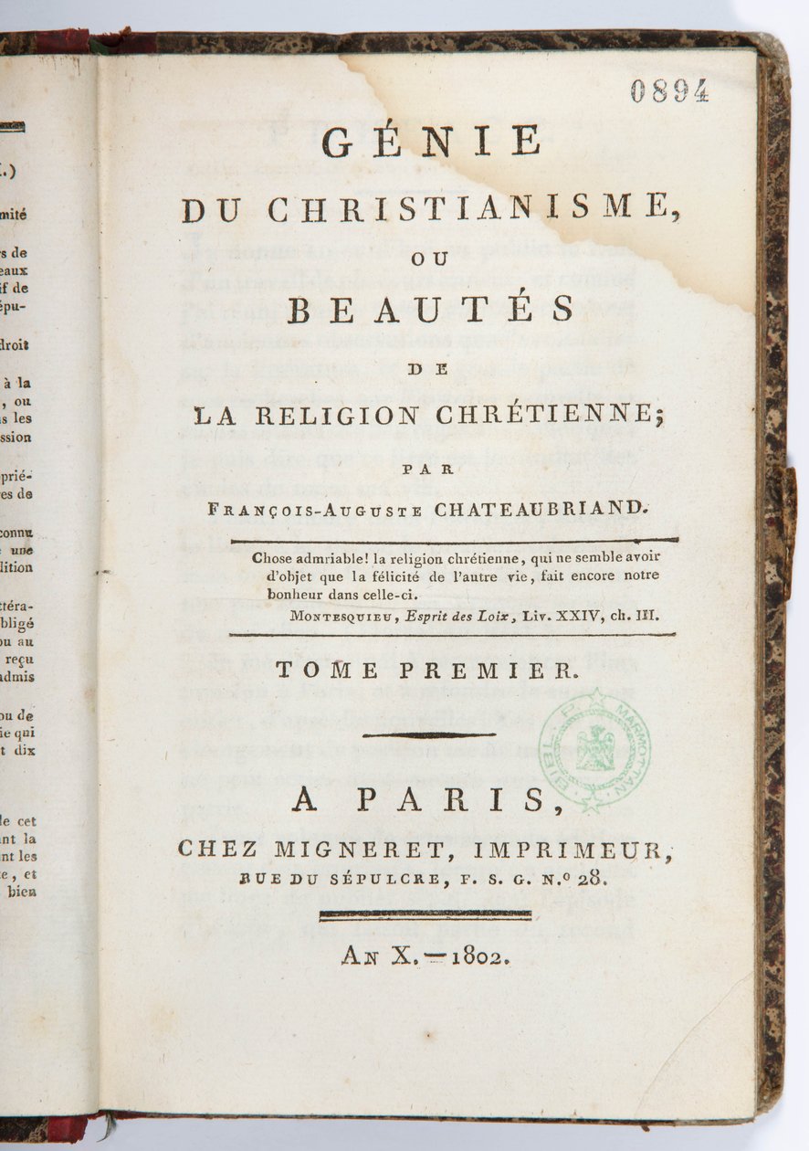 Página de rosto do &39;Genie du Christianisme ou Beautes de la Chrienne Religião&39;, Volume I, chez Migneret Imprimeur, Paris, 1802 (papel impresso) de Francois Rene Vicomte de Chateaubriand