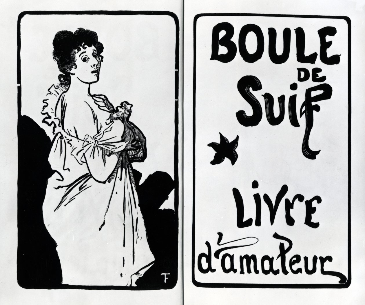Frontispício e página de título de &39;Boule de Suif&39; de Guy de Maupassant, xilogravuras feitas por A. Romagnol, publicadas em 1897 de Francois Thevenot