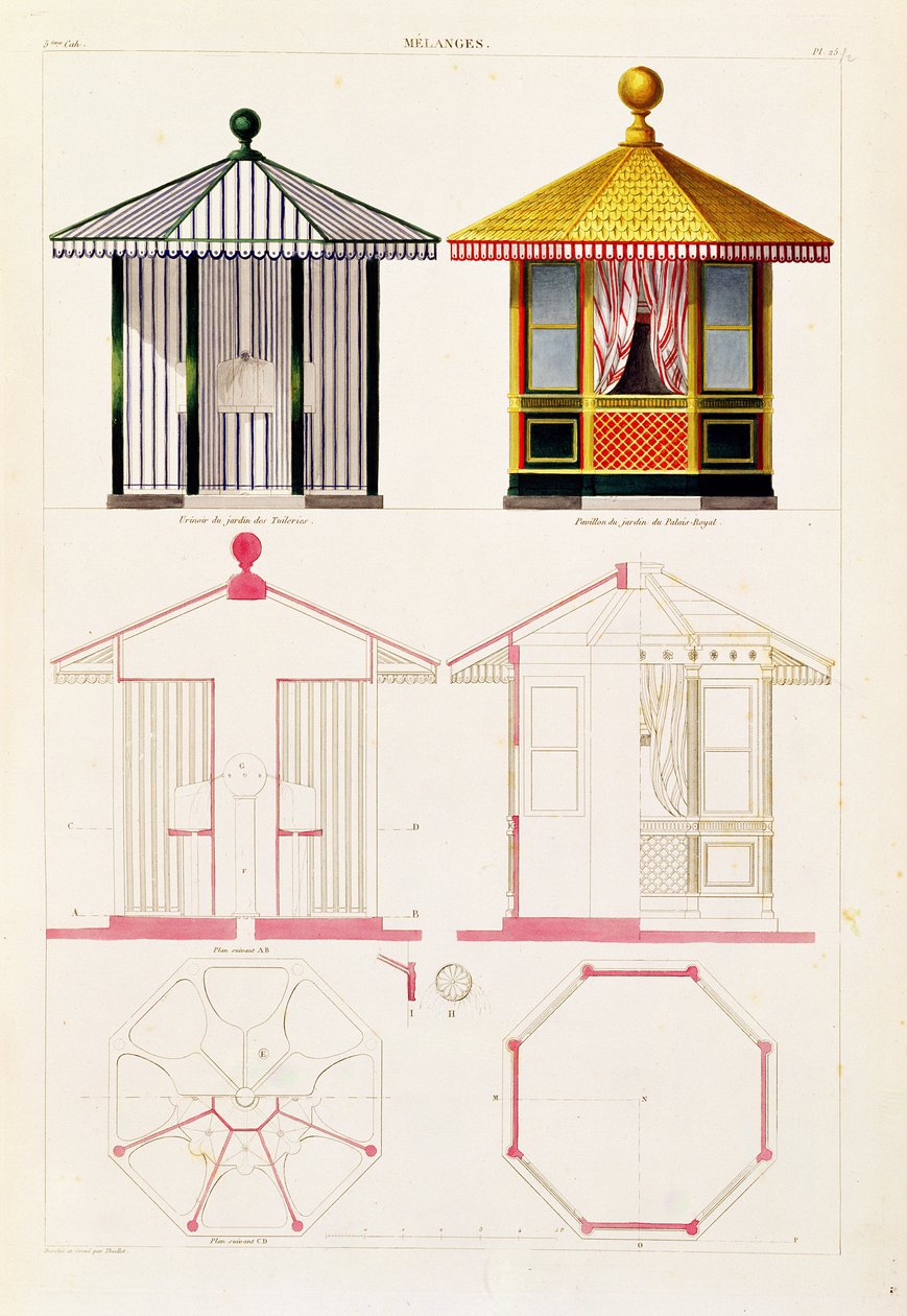 Projeto para um mictório e pavilhão, placa 25 da nova coleção de carpintaria e decorações de interiores, 1837 de Francois Thiollet