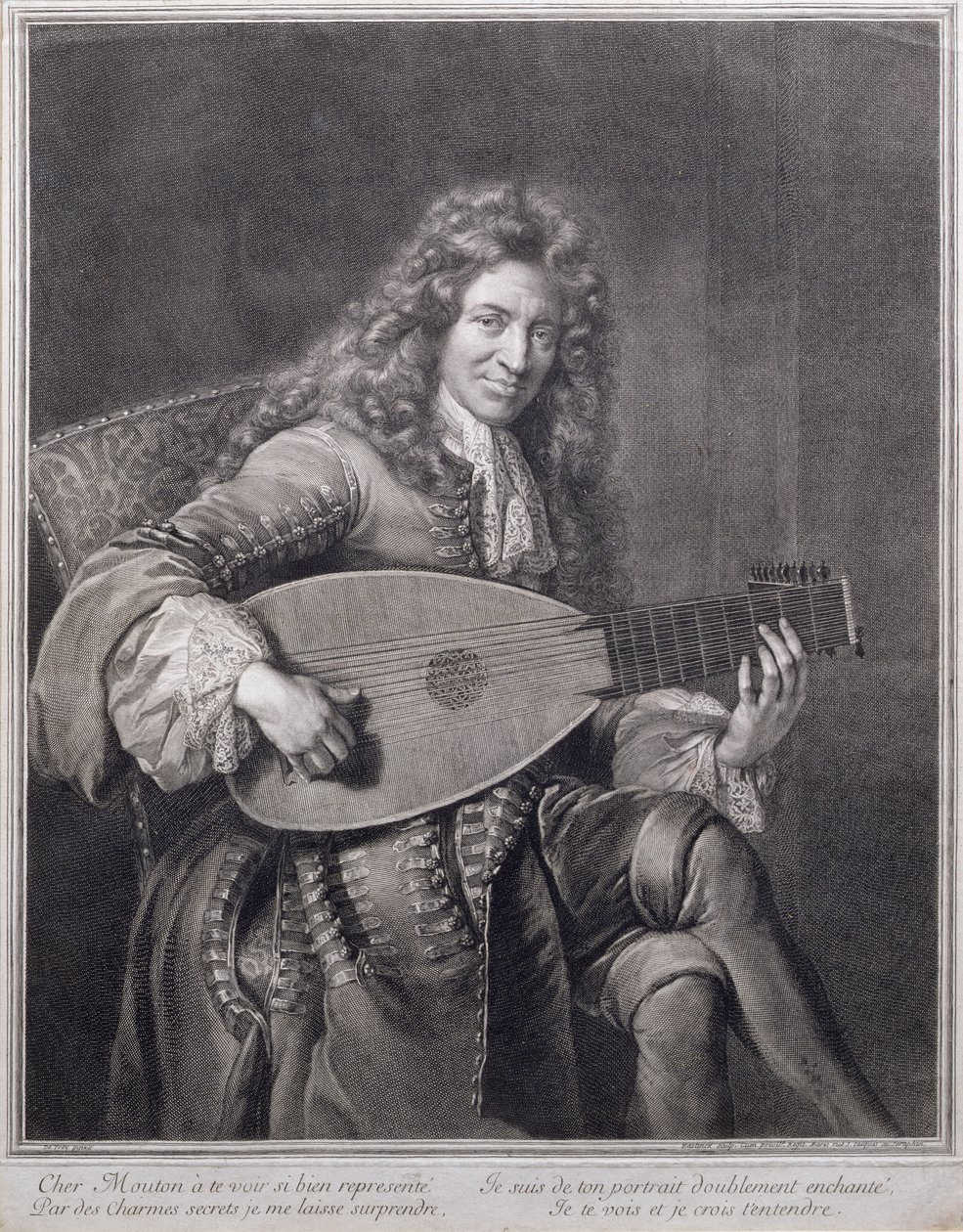 Retrato de Mouton tocando alaúde, gravado por Gerard Edelinck (1640-1707) de Jean François de Troy