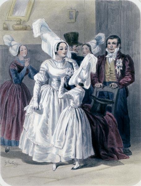 Uma noiva e uma menina antes da sua primeira comunhão, da região de Nantes e do baixo Loire (cor litho) de Francois Hippolyte Lalaisse