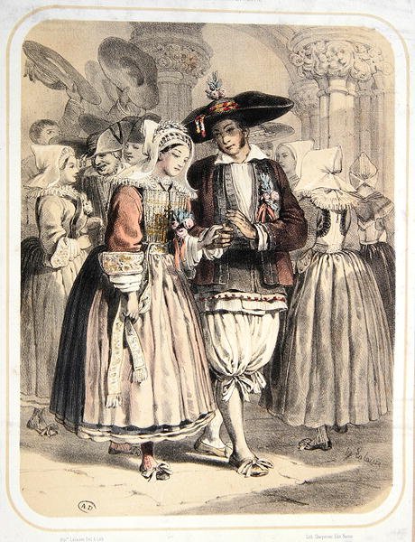 Noivos da Região de Saille, França, c.1850 (cor litho) de Francois Hippolyte Lalaisse