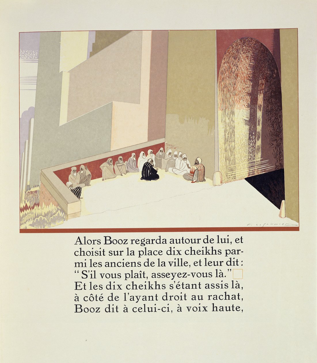 Boaz escolhe dez Anciãos no mercado, de "Ruth et Booz", traduzido por JC Mardrus, publicado em 1930 de Francois Louis Schmied