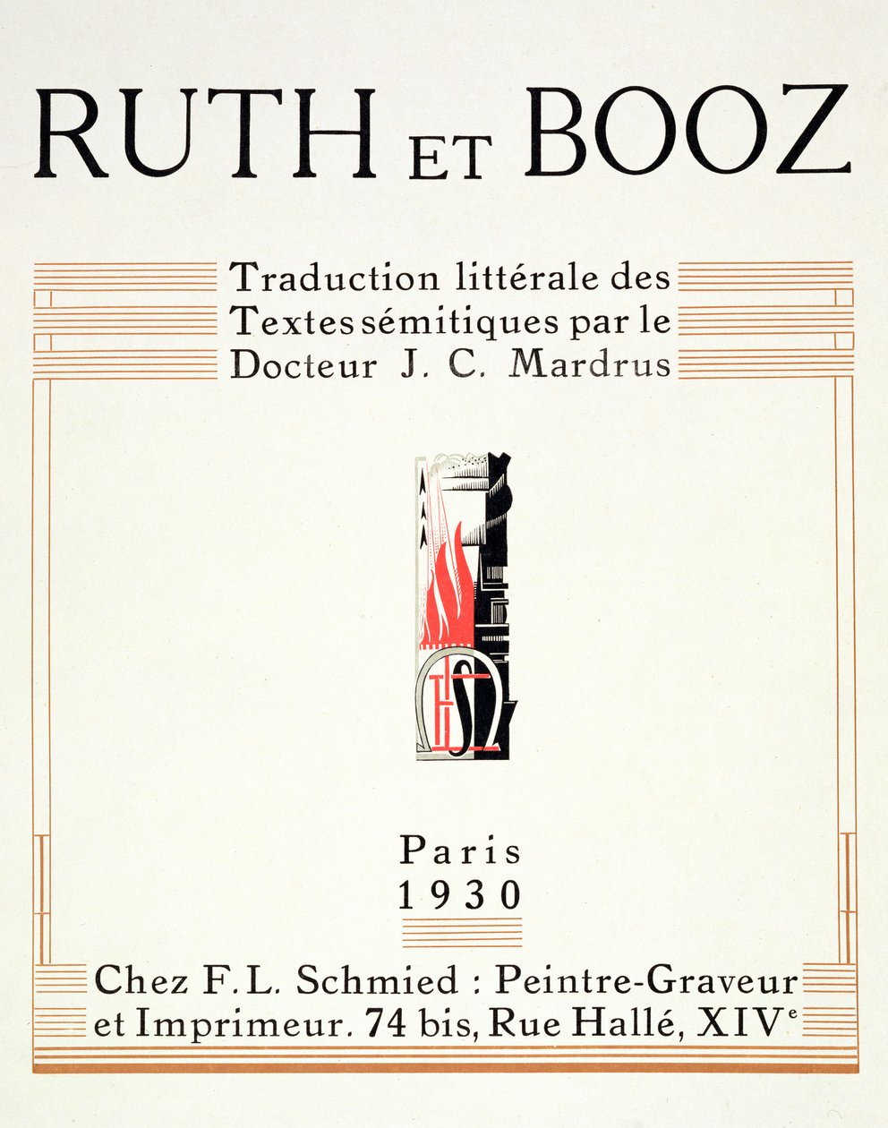 Página de título de &39;Ruth et Booz&39;, traduzida por JC Mardrus, publicada em 1930 de Francois Louis Schmied