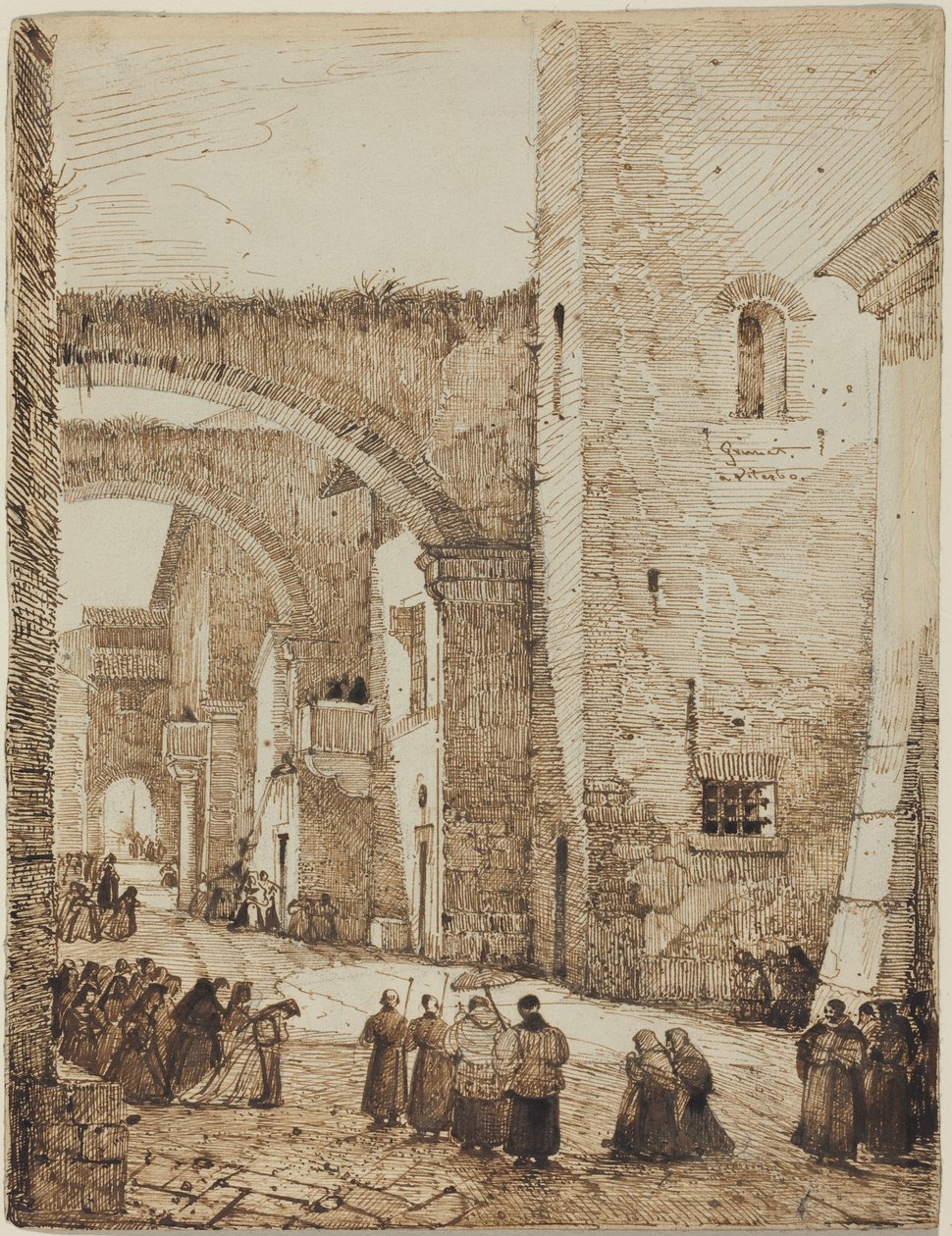 Um sacerdote em procissão por uma rua medieval em Viterbo de Francois-Marius Granet