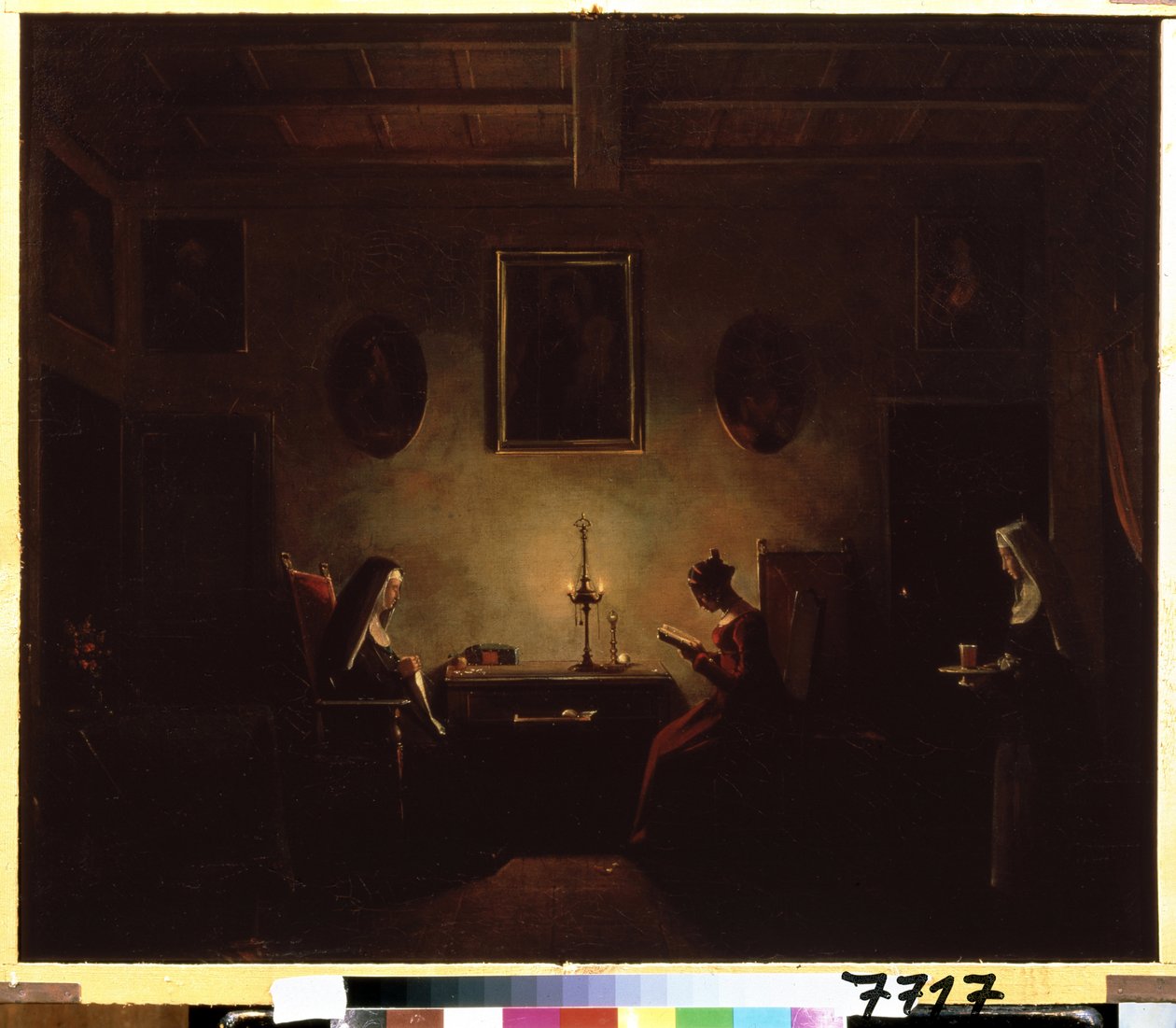 "Cena num mosteiro, uma jovem que lê à luz das velas, duas freiras estão na sala. Pintura de François Marius Granet (1775-1849) Museu Pushkin do século XIX, Moscovo de Francois Marius Granet