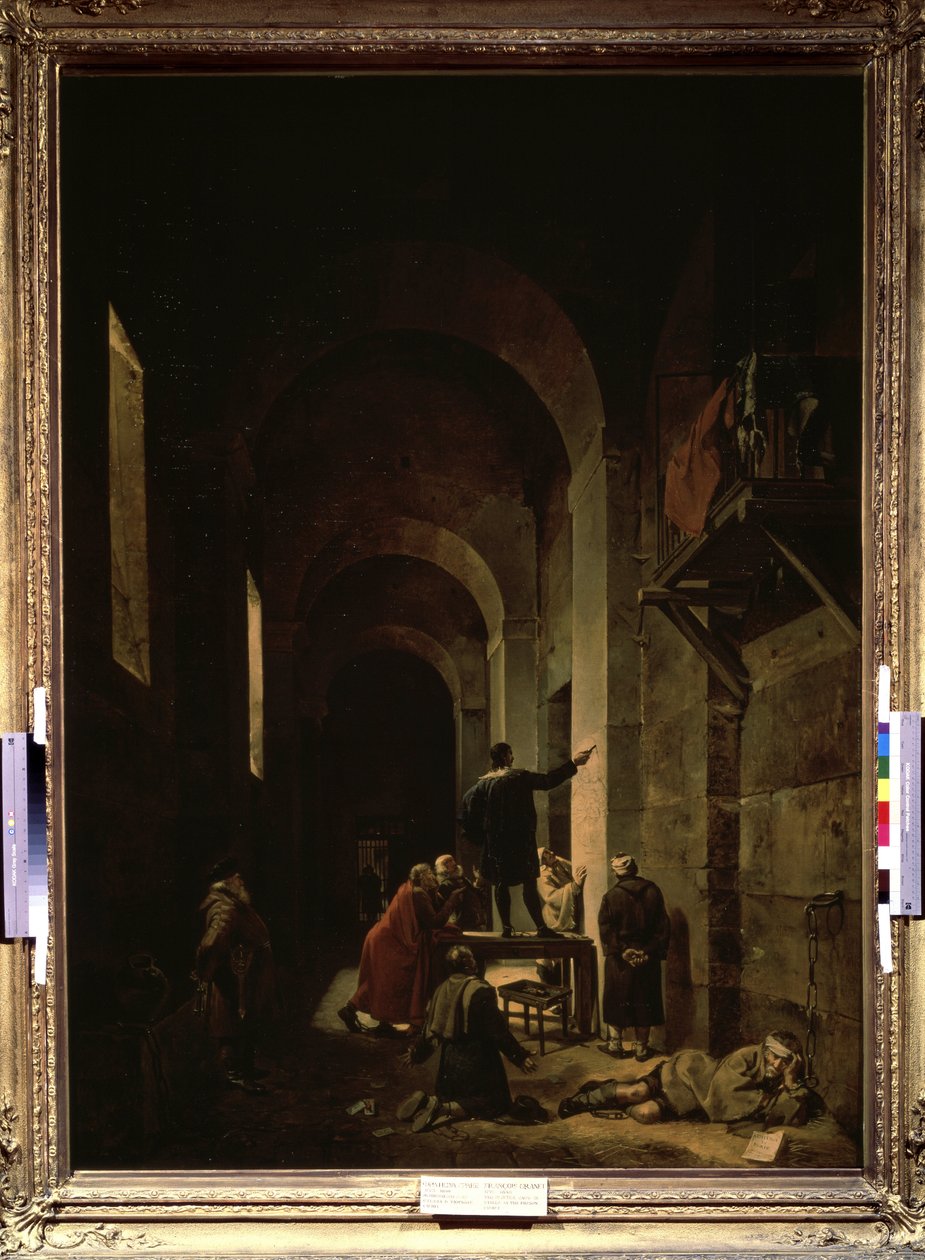 ""O pintor Jacques Stella (1596-1657) na prisão"" (O pintor Jacques Stella na prisão). Ilustração de ""Entrevistas sobre as Vidas e Obras dos Mais Excelentes Pintores Antigos e Modernos"" de Andre Felibien. Pintura de François Granet (1775 de Francois Marius Granet